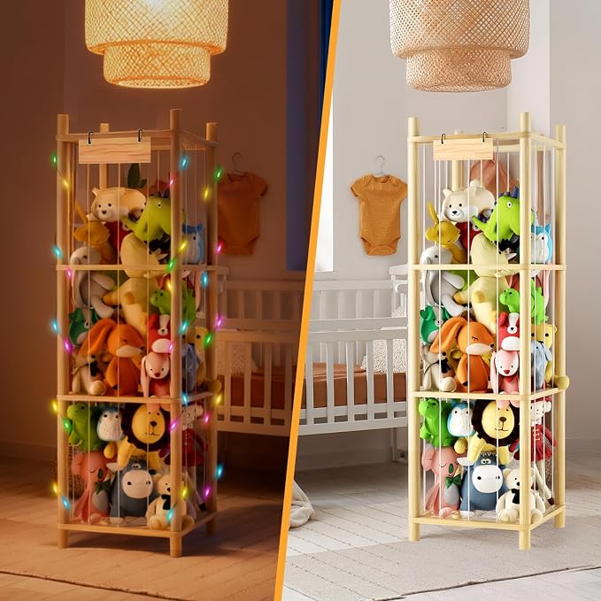 Stuffed Animal Storage Zoo Organizer Natural Pine Plushies Storage with Elastic Bands Vertical Wood Toy Holder Mesh Net Space Saving Design for Playroom Nursery Kids Bedroom