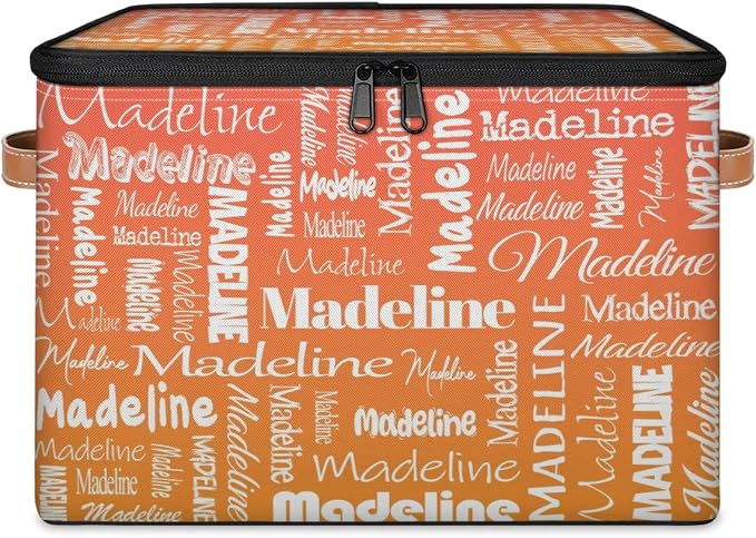 Custom Storage Basket with Name, Personalized Keepsake Box with Zipper Lid, Foldable Fabric Memory Bin Large capacity with Handle Orange