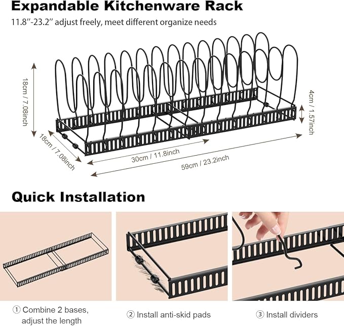 Housolution 2 Pack Pot and Pan Lid Organizer Holder Storage Rack, Black | 12"-23" Expandable, 14 Adjustable Dividers, Sturdy Metal Construction, Easy Assembly