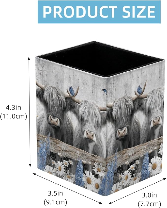 Pen Holder for Desk, Highland Cow Daisies Rustic Pencil Holder, Pen Cup Functional Desk Organizer for Office Supplies