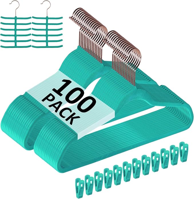 VECELO Premium Velvet Clothes Hangers Suit Heavy Duty (100 Pack)-Non Slip & Space-Saving with 12 Finger Clips & 2Tie Rack Excellent for Men and Women,Teal