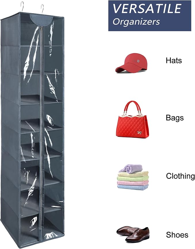 8 Tier Clear PVC Hanging Organizer With Zipper, Sweater Storage Shelves With Cover, Shoe Organizer for Closet, Grey