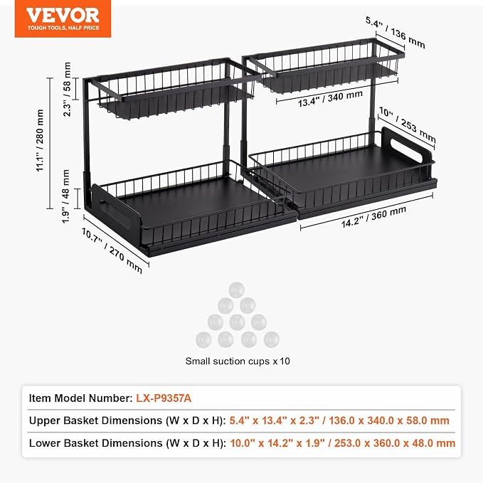 VEVOR Pull Out Cabinet Organizer, 2 Tier Under Sink Organizer and Storage(10.7"W x 14.2"D ), Slide Out Drawer Cabinet Organizer, Wire Basket Sliding Shelf for Kitchen Bathroom Cabinet, Black (2 Pack)
