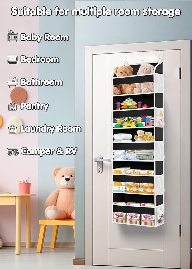TAHAVICE 1 Pack Over The Door Storage Organizer with 5 Large Pockets | 44 lbs Weight Capacity Door Hanging Organizers with 10 Mesh Pockets for Bedroom,Bathroom,Nursery,Kidroom(Light Gray)