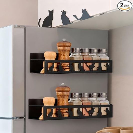 Beeveer 2 Pack Black Cat Magnetic Spice Rack for Refrigerator Metal Magnet Basket Shelf for Fridge Seasoning Storage Organizers Home Decor Kitchen Accessories (Black)
