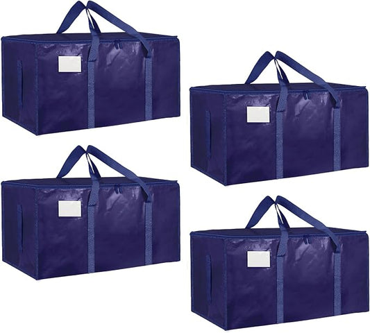4 Pack-Extra Large Heavy Duty Moving Bags - Waterproof Storage Totes with Handles & Zippers, Foldable for College Dorm, Storage (Dark Blue)