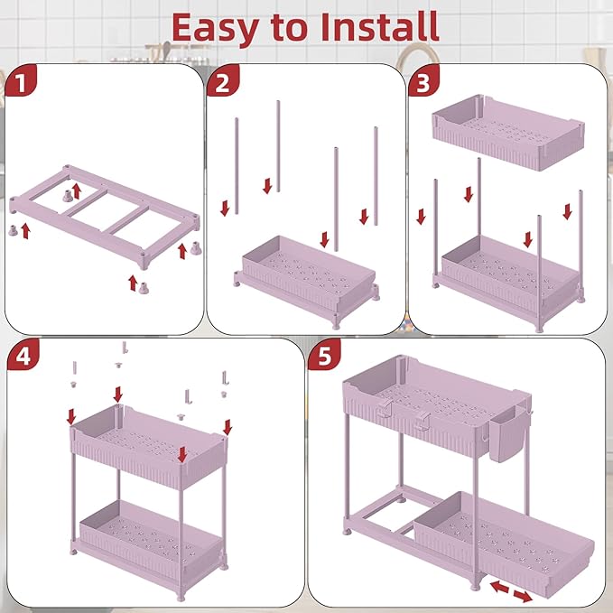 Sevenblue 4-Pack 2-Tier Under Sink Organizer with Pull Out Drawers | Multi-use kitchen & bathroom storage. Includes hanging hooks and cups. Pink, space-saving cabinet design. 14.8 Inch