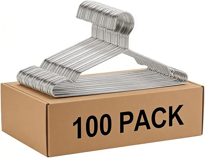 Hangers 100 Pack Clothes Hangers, Non Slip Coat Hanger Clothing Hanger Heavy Duty Metal Wire Hanger, Space Saving Ultra Thin Stainless Steel Skirt Suit Pants Hangars 16.5 Inch
