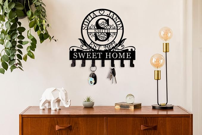 Personalized Key Holder for Wall, key hooks wall mount with Family Name, Metal Key Organizer Rack, Key Hanger Decor for Kitchen, Entryway, Hallway, Office, Doorway housewarming Gifts new home