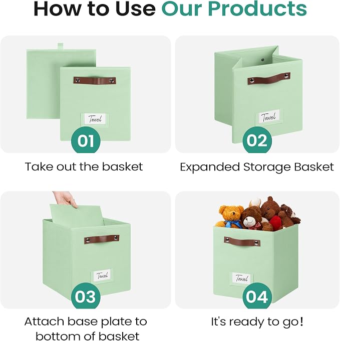 FinishingBo 6-Pack Storage Cubes with Handles & Label Holders Basket, Closet Cube Home Organizer Bins(Green, 10.5*10.5*11 inch)