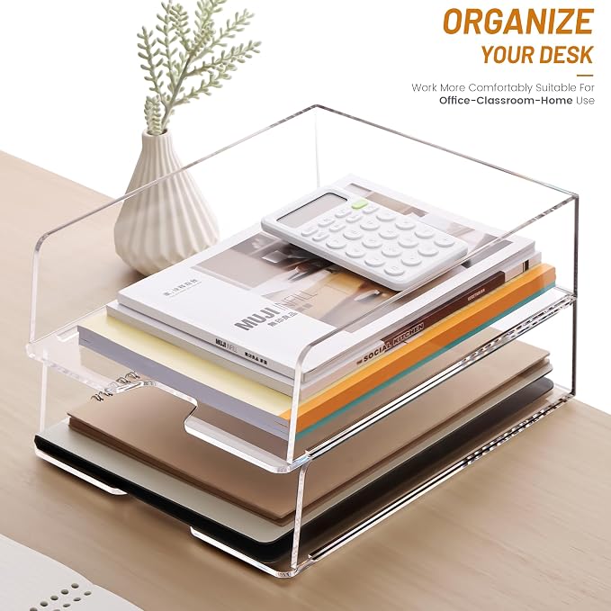 HeZone Enlarged Letter Paper Tray - Clear Acrylic Desk Organizers for Document Organization and File Storage - Stackable Office Accessories - 2 Pack (Large Tray V)