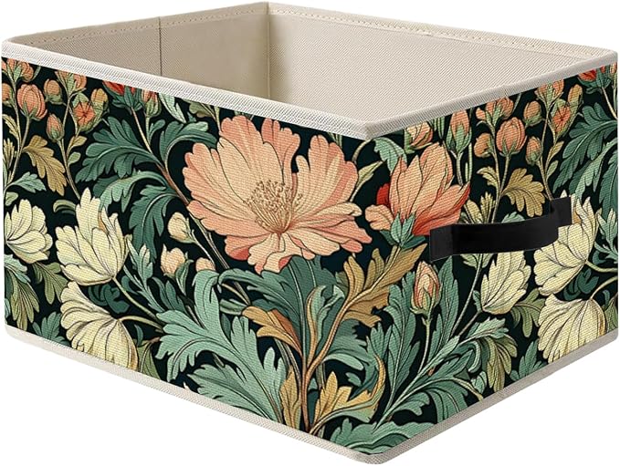 Vintage Art Nouveau Floral Storage Bin Box with Handles, William Morris Inspired Dark Cottagecore Botanical Flower Foldable Organizer Basket Toybox for Home Bedroom Bathroom Clothes Toys Books