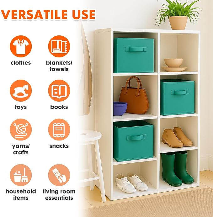 PowerKing Collapsible Storage Cubes with Handles, Fabric Foldable Bins for Closet Shelves, Durable Organization Storage Bins, 10.5'' x 11'' x 10.5'' (6Pack, Forest Green)