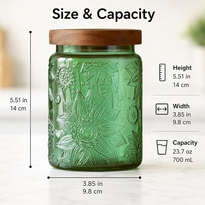 ANSQU Vintage 23.7oz Glass Storage Jar with Solid Wood Lid - Sunflower Embossed Airtight Canister for Coffee, Tea, Candy, Cookies, Bath Salts & More - Decorative Multi-Purpose Jar (Green, 1 Pack)