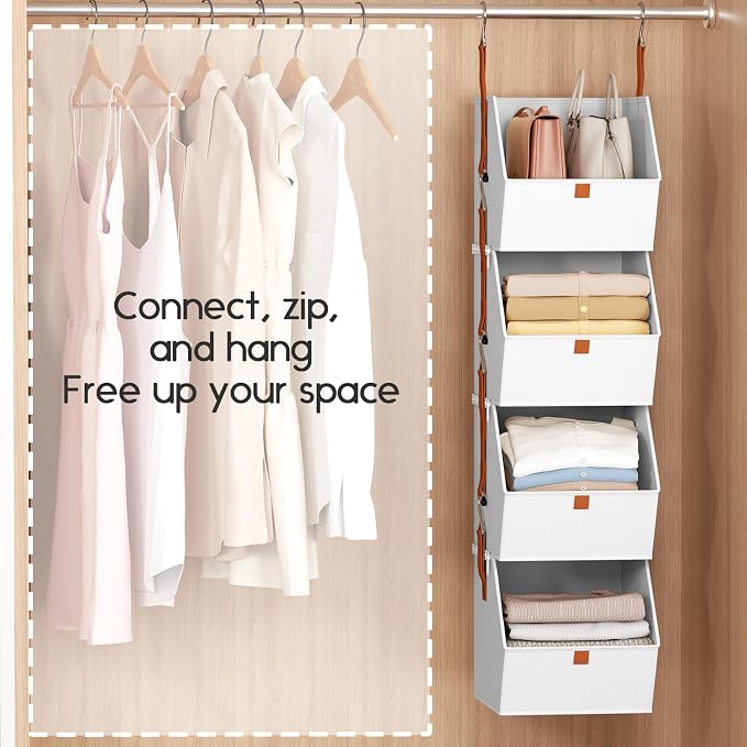 Homsorout Hanging Closet Organizer 4 Tier - Clothes Hanging Shelves, Space-Saving Closet System, Fabric Storage Bins Bedroom Organization, Collapsible Baskets for Home, Dorm, Rv, White, 8 Pack