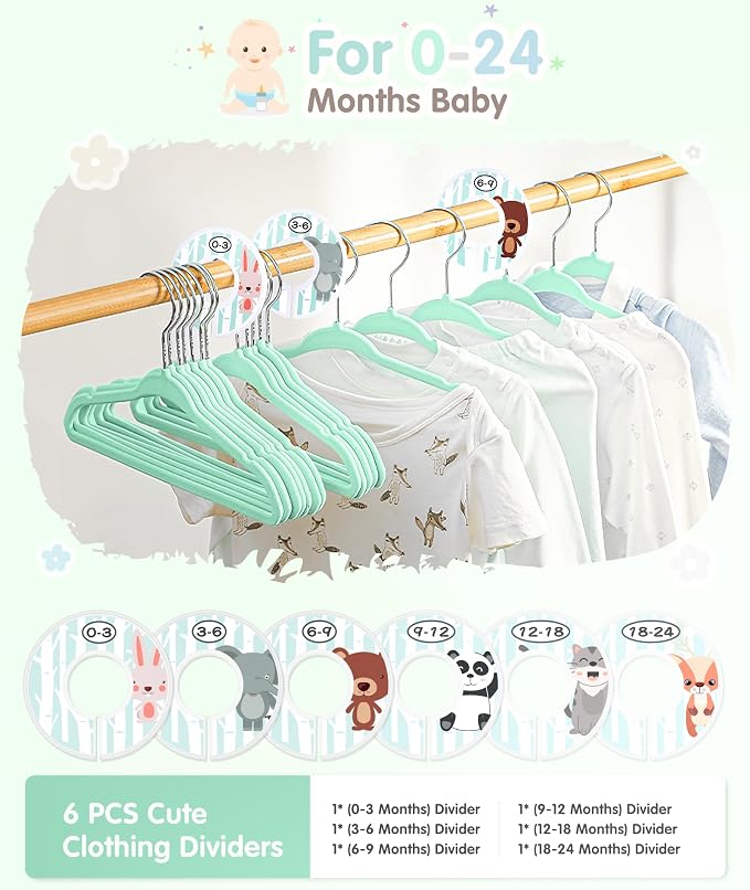 VIS'V Velvet Baby Hangers with 6 Pcs Dividers, 11 Inch, Mint Green, 50 Pcs | Compact Size, Non Slip, Infant Toddler Nursery Closet Organization