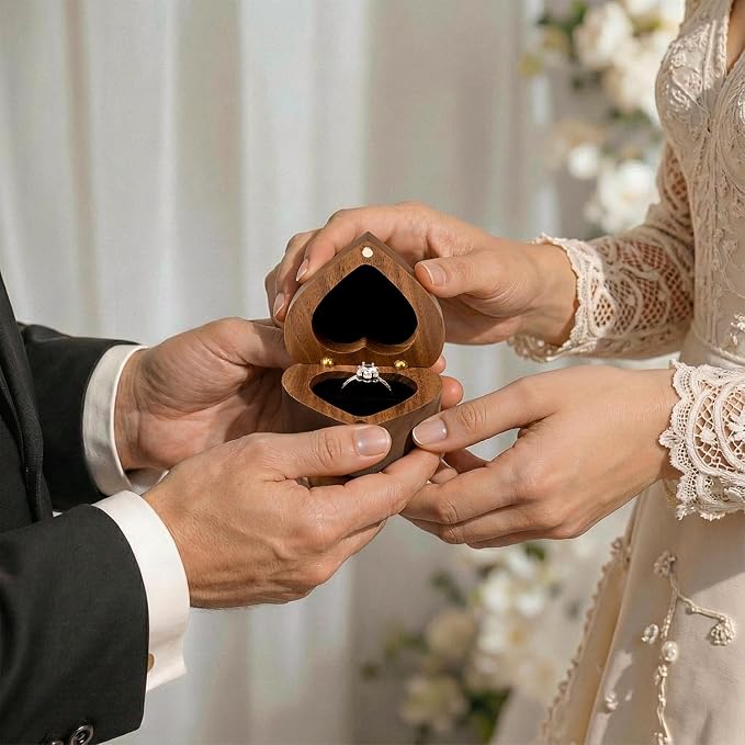 Engagement Proposal Ring Box Secret Slim Storage Wooden Heart Case | Walnut Wood Ring Bearer Box Jewelry Storage Holder Collection & Display for Wedding Ceremony Commemoration Day