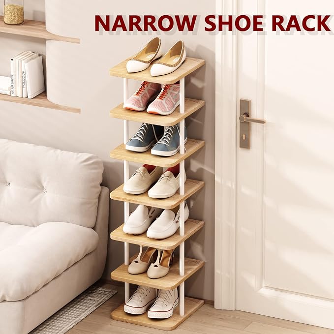 AZERPIAN Shoe Rack 7 Tier Vertical Storage Organizer Narrow Metal Slim Shelf Modern Free Standing Shoe Tower Saving Space for Closet Entryway Bedroom,White