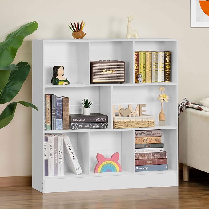 YAHARBO White 3 Tier Bookshelf,Wide Modern Horizontal Bookcase,Wood Low Book Shelf,Wide Display Storage Cabinet with Base,Floor Standing 8 Cube Large Bookcases Organizer for Bedroom,Living Room,Office