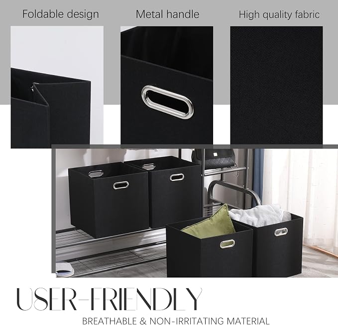 Collapsible Organization Basket Fabric Foldable Box with Handles, 13x13 Cube Storage Bins Set of 4, Thick and Heavy Duty Storage Baskets for Shelves Bedroom Livingroom,Black