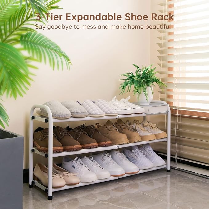 Gonfoam Shoe Rack for Closet, Expandable Shoe Organizer Storage Shelf, Adjustable Metal Free Standing Small Closet Shoe Rack for Entryway, Doorway (3-Tier White)
