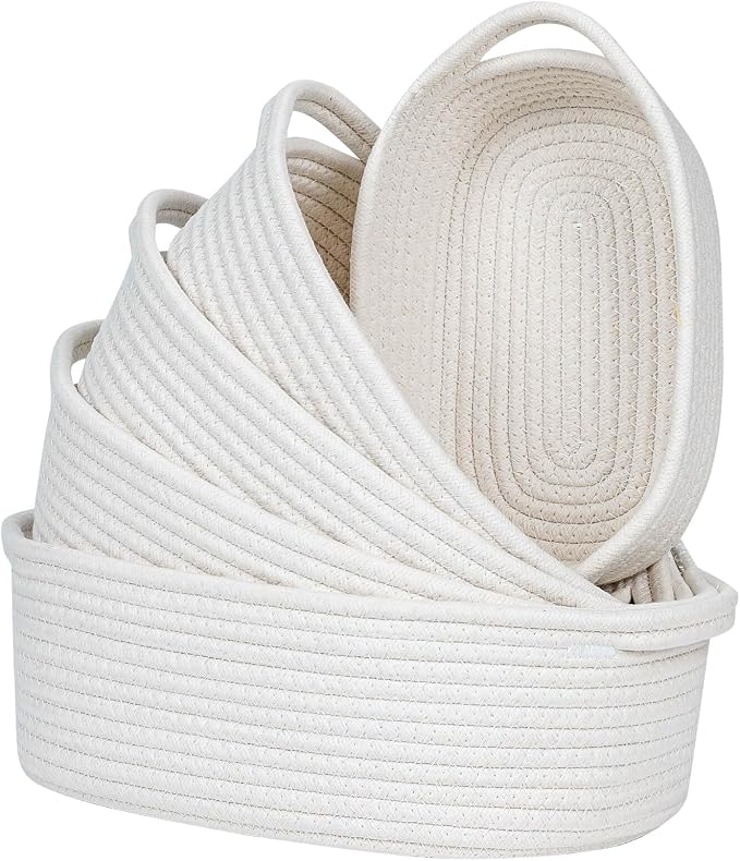CubesLand Small Woven Rope Toys Basket for Organizing Set 5 | Shelves Closet Storage Bins, Empty Gift Baby Shower Basket Also Perfect for Toilet Paper Storage, Organizer Bins Off White
