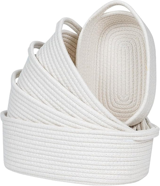 CubesLand Small Woven Rope Toys Basket for Organizing Set 5 | Shelves Closet Storage Bins, Empty Gift Baby Shower Basket Also Perfect for Toilet Paper Storage, Organizer Bins Off White