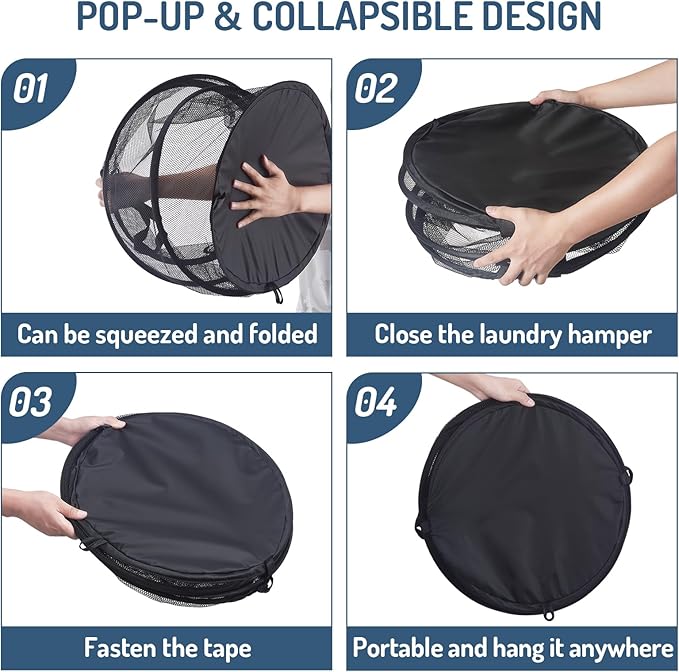 Seiritex 2Pcs Mesh Popup Laundry Hamper 115L Extra Large Collapsible Laundry Basket Foldable Clothing Storage Basket with Handles No Lid 26 H x 18 W x 18 L (Black)