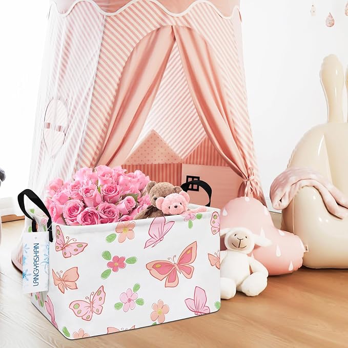 Rectangular Collapsible Pink Butterfly Storage Basket Nursery Organizer | Storage Bin Foldable Canvas with Handles for Organizing Home Kitchen Children Toys Office Closet Shelf Baskets