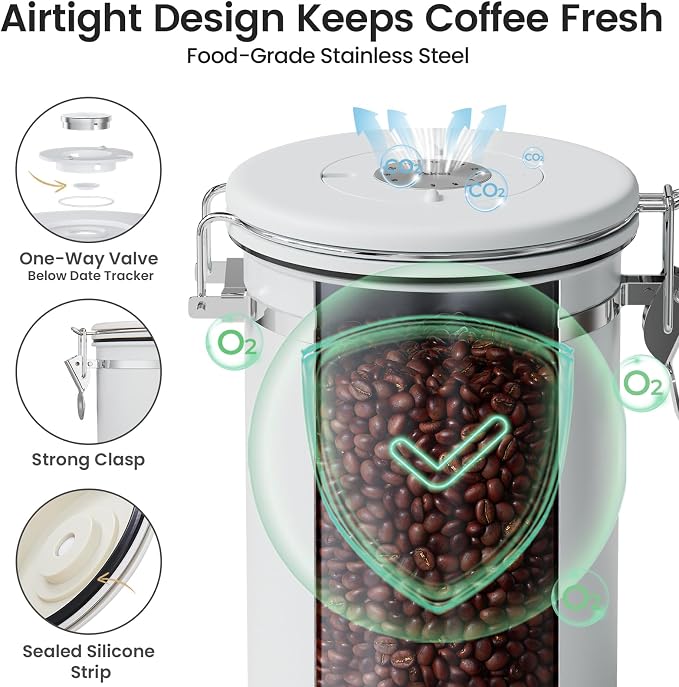 Veken Coffee Canister with Window, Airtight Stainless Steel Kitchen Food Storage Container with Lids, Date Tracker and Scoop for Ground, Beans, Tea, Flour, Cereal, Sugar Jars, 22OZ, White