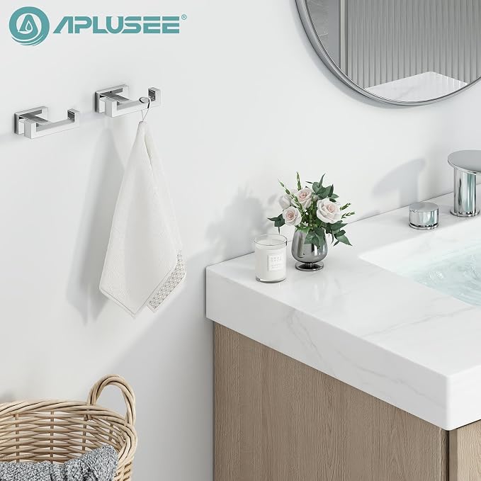 APLusee Double Robe Towel Hook Polished Chrome 2 Pack, 304 Stainless Steel Square Towel Hanger, Minimalist Coat Holder for Modern Bathroom Washroom