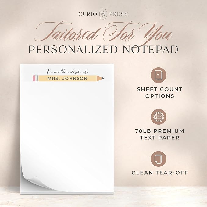Curio Press Personalized Notepad 50 or 100 Sheets, Custom Stationery Note Pad 3 Sizes - From Desk Of Text Teacher Gifts Appreciation Note with Name Teacher Stationery Gifts - Pastel Pencil Pad