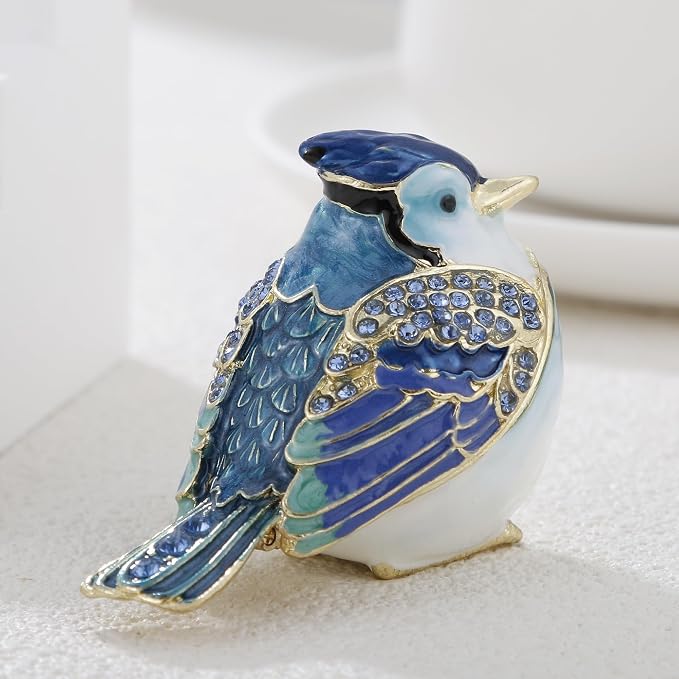 Hand Painted Enamel Blue Jay Trinket Box for Home Decor, Hinged Jewelry Organizer for Ring Earrings, Unique Figurine Keepsake Collectible Personalized Elegant Handmade Ornament Gifts (Blue Jay)
