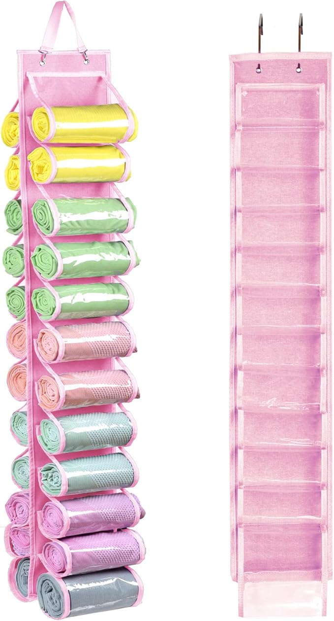 Legging Storage Bag Storage Hanger Can Holds 24 Leggings or Shirts Jeans Compartment Storage Hanger, Foldable Leggings Organizer Clothes Portable Closets Roll Holder (Pink)