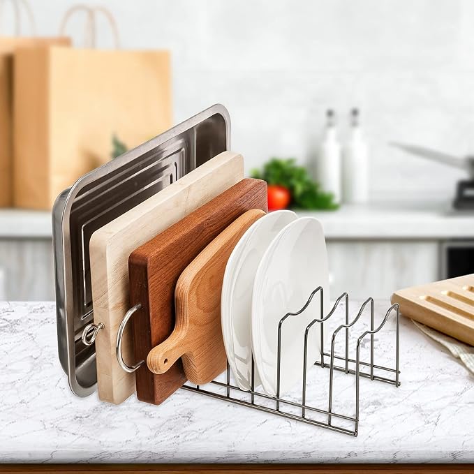 Pot Lid Organizer, Stainless Steel Pot Lid Storage Rack Holder, Cutting Board, Bakeware, Pots & Pans, Serving Trays, Reusable Containers in Cabinet Pantry on Countertop(Satin Nickel, 2)