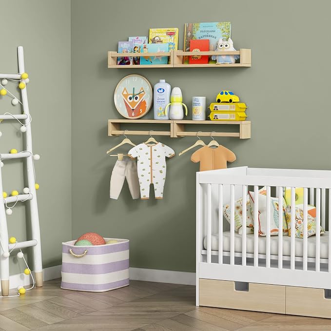 Forbena Natural Wood Nursery Book Shelves Wall Mounted, Floating Bookshelf for Kids Room, Baby Toys and Books Storage Organizer Bookshelves for Toddler Child Bedroom Bathroom (4 Pack Light Wood)