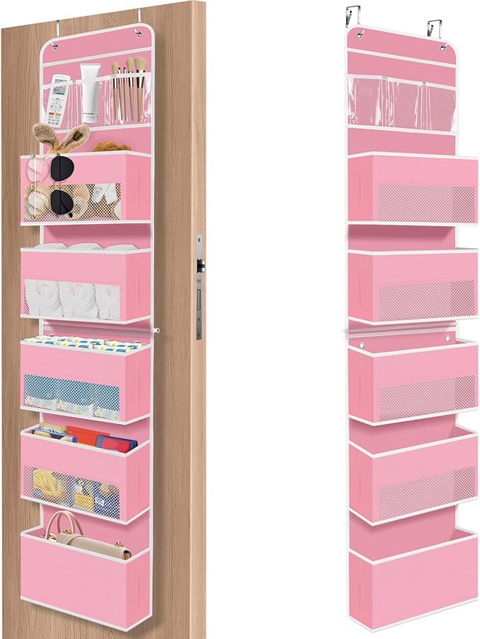 SpaceHacks 6-Tier Over The Door Organizer Hanging Storage Organizers with Clear Window 40lb Large Capacity Room Organizer for Pantry Bathroom Nursery Closet(Pink)