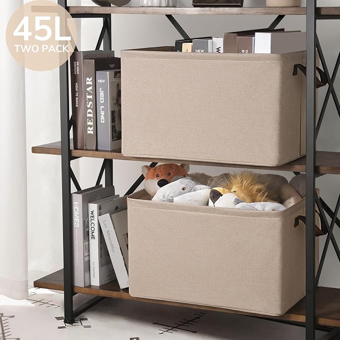 CHICVITA Storage Baskets for Shelves, Extra Large Closet Organizer Bins with Metal Frame, Collapsible Fabric Storage Bins for Living Room, 19" L x 13" W x 11" H, Brown, 2-Pack