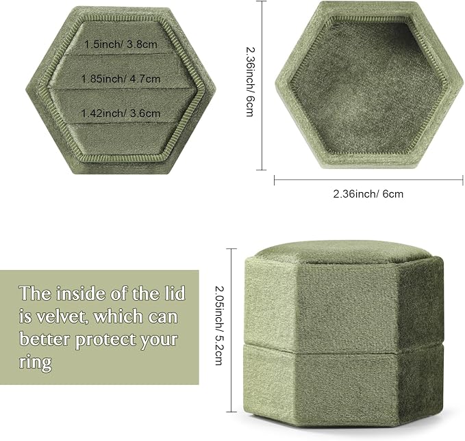 WantGor Velvet Jewelry Ring Box, 3 Slots Hexagon Ring Gift Box Ring Holder | Vintage Ring Display Case for Wedding Ceremony Proposal Engagement (Olive Green)