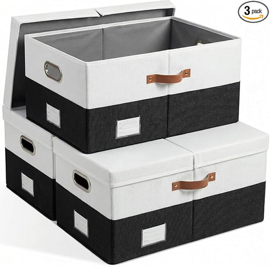 PRANDOM Storage Bins with Lids [3-Pack] Linen Fabric Foldable Storage Boxes Organizer Containers Baskets Cube with Cover for Bedroom Closet Office Grey&Black (23.4X15.9X11.4)