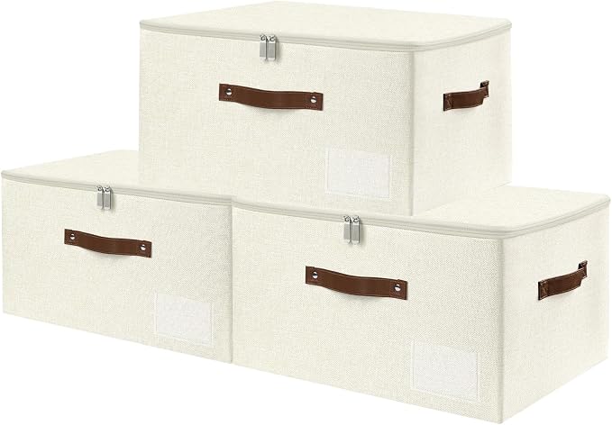 ANMINY 3PCS Storage Bins with Zipper Lid Storage Boxes with Label Holder PU Leather Handles Washable Foldable Decorative Lidded Cotton Linen Fabric Cubes Baskets Closet Organizer - Beige, Large