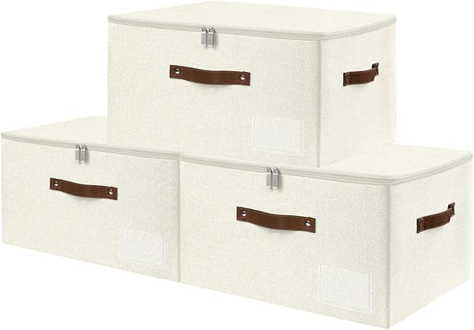 ANMINY 3PCS Storage Bins with Zipper Lid Storage Boxes with Label Holder PU Leather Handles Washable Foldable Decorative Lidded Cotton Linen Fabric Cubes Baskets Closet Organizer - Beige, Large