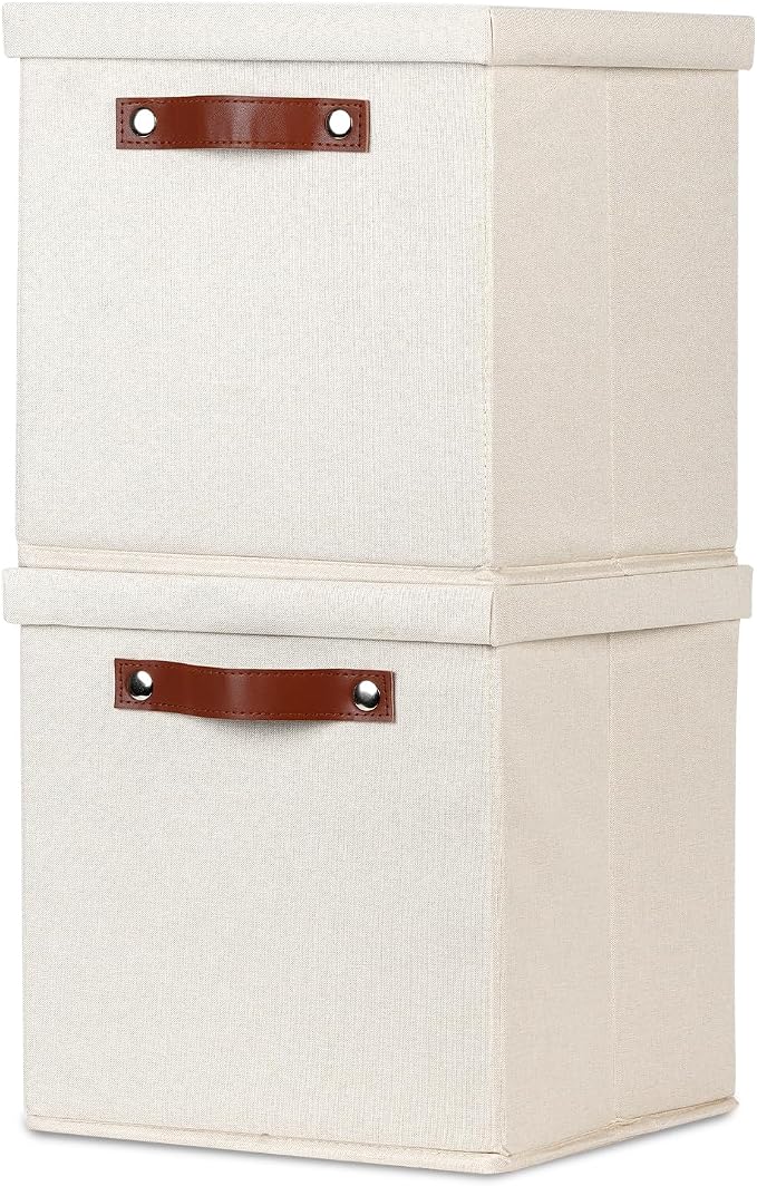 Temary Foldable Fabric Storage Bins with Lids, 2-Pack Storage Bin for Organizing Living Room, Closet Organization, Multi-Purpose Storage Boxes for Clothes (Beige, 10.5x10.5x10.5 inch)
