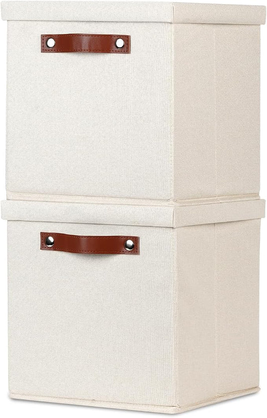 Temary Foldable Fabric Storage Bins with Lids, 2-Pack Storage Bin for Organizing Living Room, Closet Organization, Multi-Purpose Storage Boxes for Clothes (Beige, 10.5x10.5x10.5 inch)