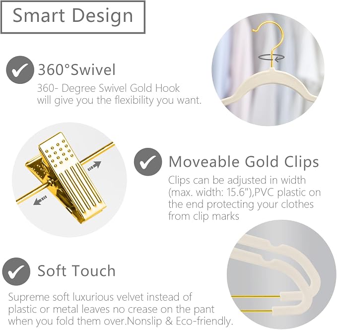 MIZGI Premium Velvet Pants Hangers with Adjustable Clips (Pack of 30) Slim Skirt Hangers- Non Slip Felt Outfit Dress Hangers Ivory - Gold Hooks,Space Saving Shirt Clothes Hangers