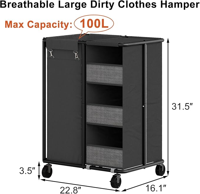 WOWLIVE Laundry Sorter with Wheels, 100L Rolling Laundry Hamper | Laundry Cart with Steel Frame, Laundry Basket with Hanging and Removable Bag, Storage Unit Basket Organizer for Dorm, Black