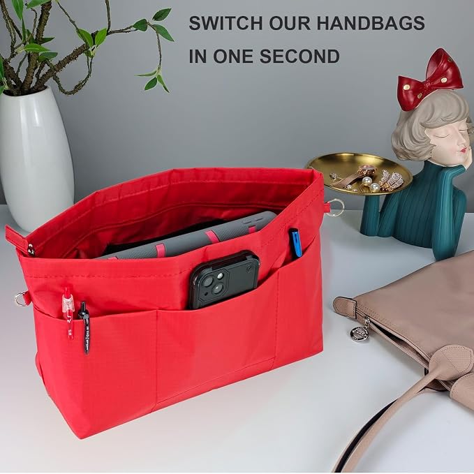 Handbag Tote Purse Organizer Insert, Medium, Red | Bag Divider Liner Shaper Separator in Bag with Zipper, 11 Pockets Compartments