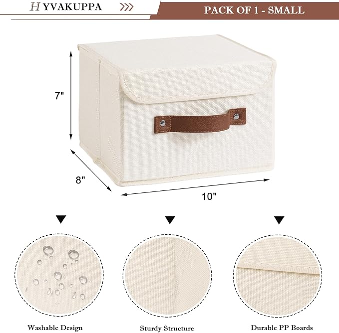 Collapsible Storage Boxes Baskets with Lid Cotton Linen Fabric Storage Bins with Faux Leather Handles Decorative Washable Cube Organizer Container for Home Closet Bedroom (Beige, Small Size)