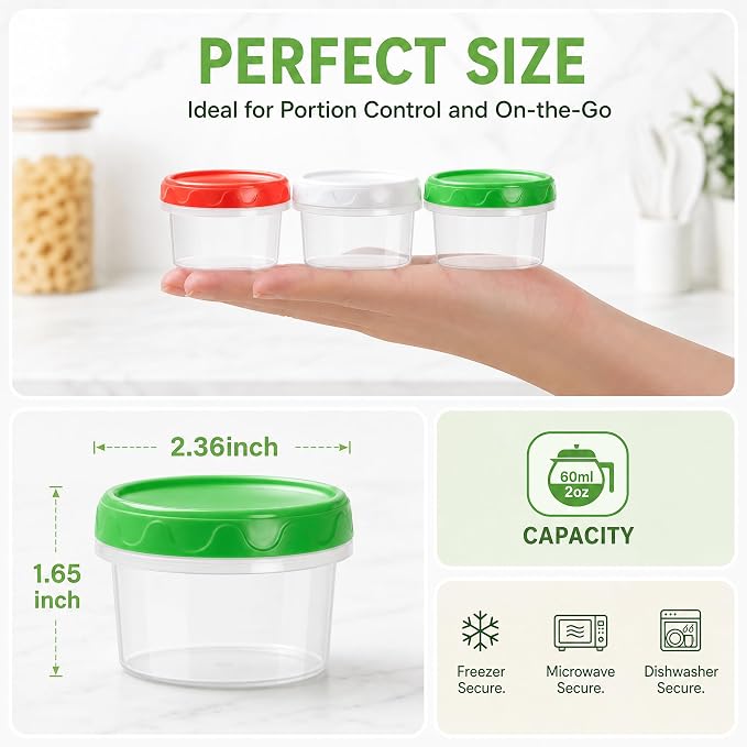 EONJOE 2oz Airtight Small Plastic Food Storage Containers with Lids, 12pcs | Dishwasher safe ,BPA free,Reusable,Round jars ,Perfect for salad dressing sauce condiments lunch to go