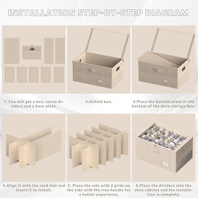 Shoe Organizer for Closet, Shoe Box Storage Containers Fit 18 Pairs Foldable Shoe Storage Bins with Clear Cover & Adjustable Dividers for Shoes Blankets Linen Clothing (Beige, (24.4*16.5*12.9)x1)
